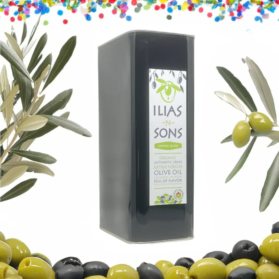 Tin container of organic Greek extra virgin olive oil surrounded by olives and olive branches