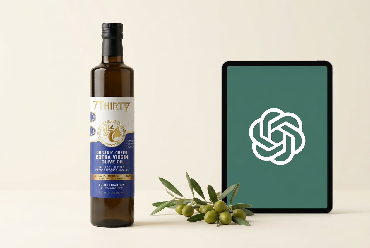 Dark 7Thirty organic Greek extra virgin olive oil bottle beside a tablet displaying the ChatGPT logo, AI-generated editorial image