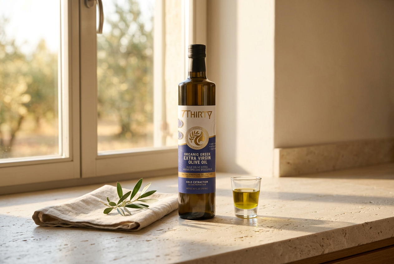 Dark 7Thirty organic Greek extra virgin olive oil bottle beside a small shot glass of olive oil in warm morning light, AI-generated kitchen setting
