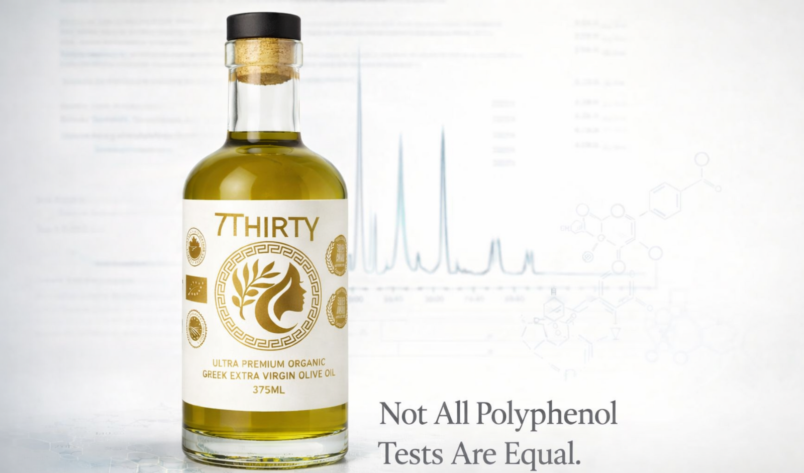 7 Thirty high-phenolic Greek extra virgin olive oil bottle shown with scientific testing graphics illustrating IOC HPLC polyphenol analysis.