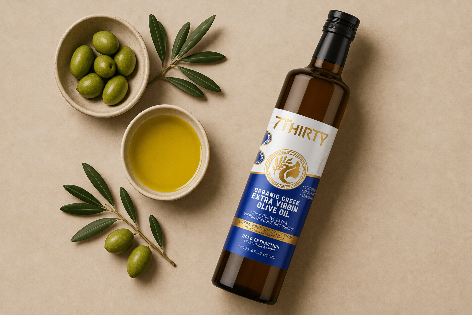 One dark 750 ml 7Thirty organic Greek extra virgin olive oil bottle beside green olives, olive branches and a bowl of olive oil, AI-generated product setting