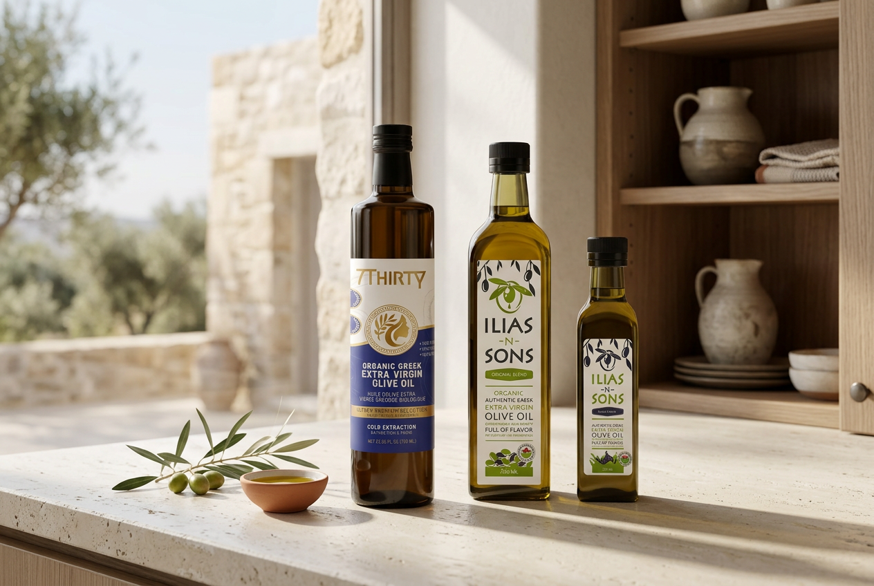 7Thirty, Gourmet Organic Original Blend and Black Garlic Greek extra virgin olive oil bottles beside a wooden cupboard in an AI-generated Mediterranean kitchen