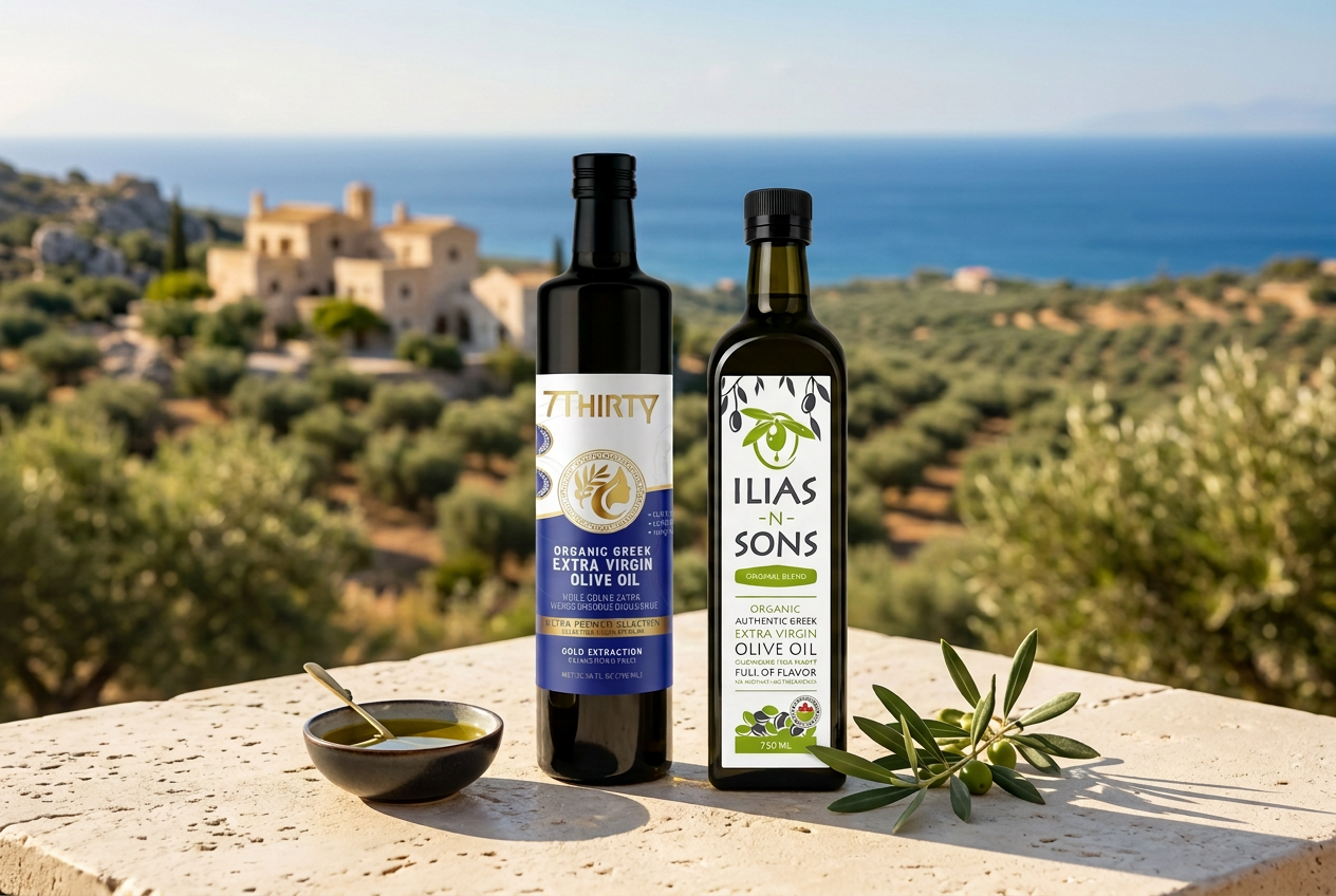 7Thirty and Gourmet Organic Original Blend Greek olive oil bottles on a stone terrace overlooking olive groves and the Mediterranean Sea, AI-generated setting
