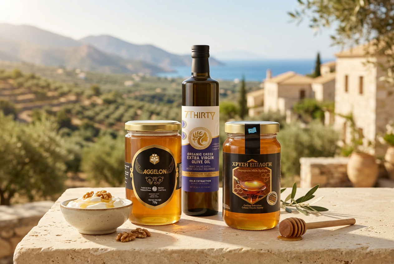 Aggelon and Golden Selection Greek honey jars with a dark 7Thirty olive oil bottle on a terrace overlooking a Greek-inspired coastal landscape, AI-generated setting