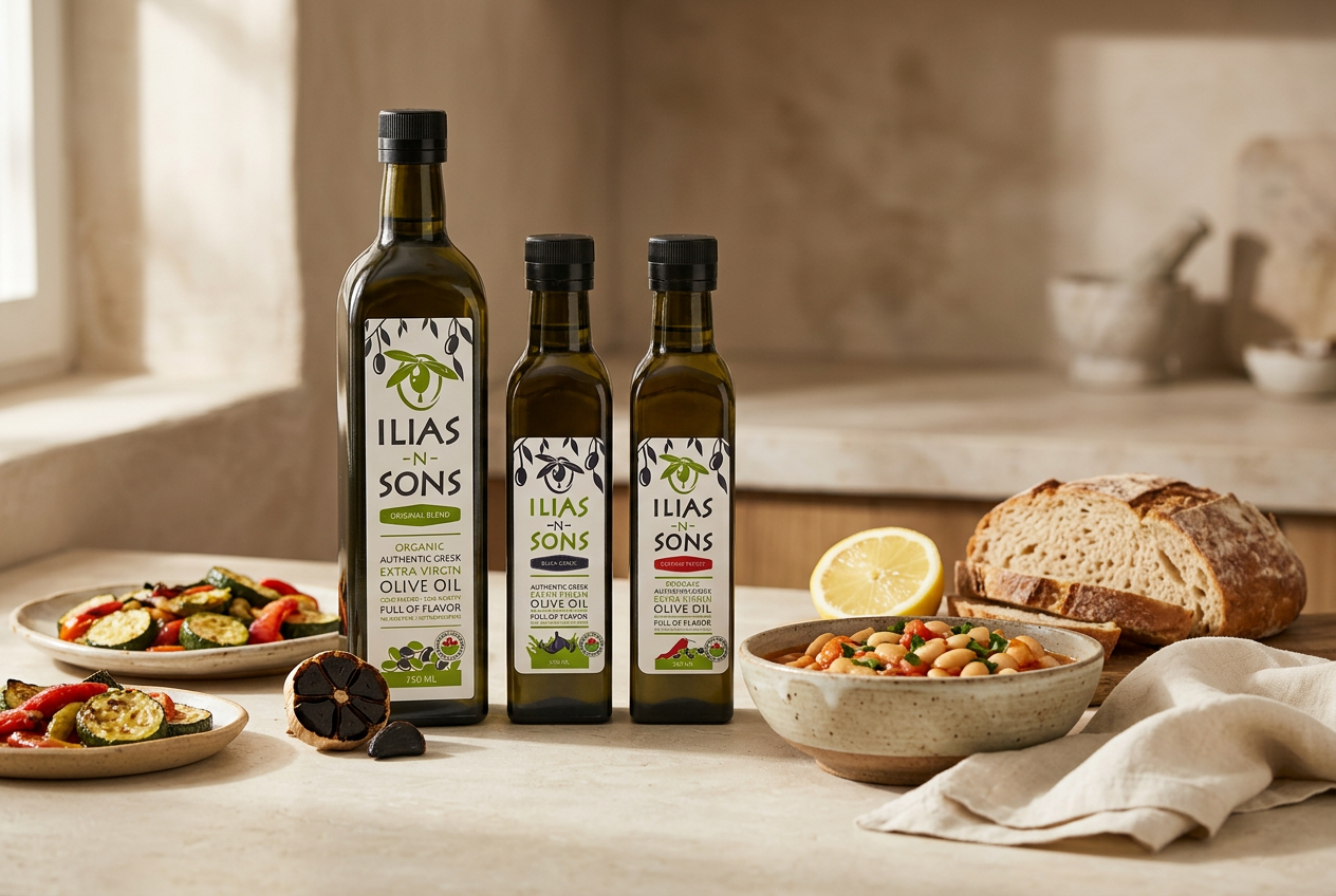 Ilias and Sons Original Blend, Black Garlic and Cayenne Pepper olive oil bottles beside white beans, roasted vegetables, bread, lemon and black garlic.