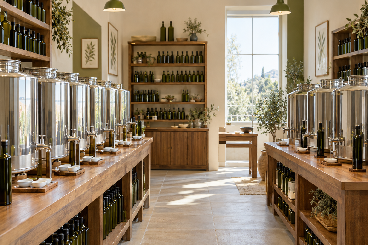 olive oil dispensary interior with stainless-steel dispensing tanks and bottles on wooden shelves