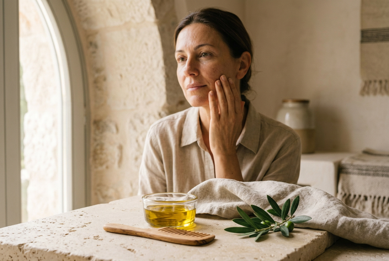 Woman gently touching her cheek beside a glass dish of olive oil, an olive branch, a wooden comb and a linen towel