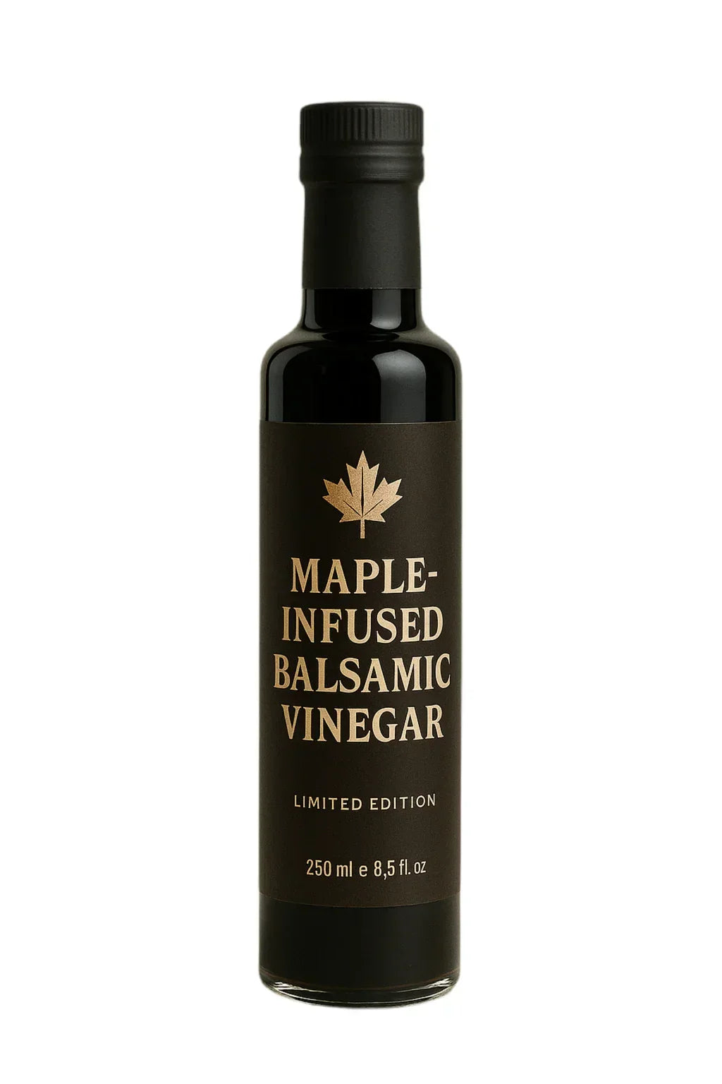 250ml bottle of maple-infused balsamic vinegar with black label and gold maple leaf