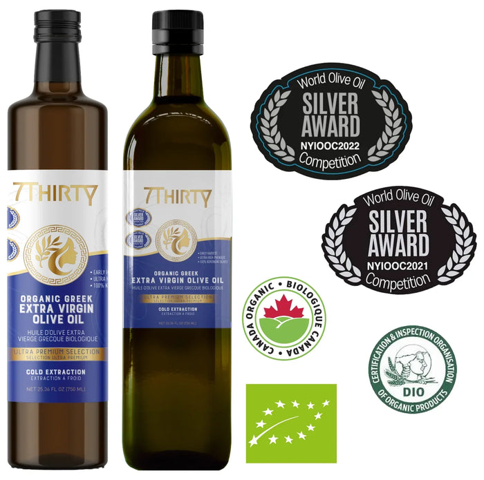 7Thirty High Phenolic Organic Greek Extra Virgin Olive Oil bottles with Silver Awards and organic certifications