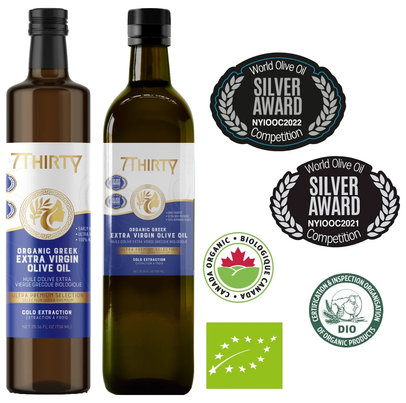 7Thirty High Phenolic Organic Greek Extra Virgin Olive Oil bottles with Silver Awards and organic certifications