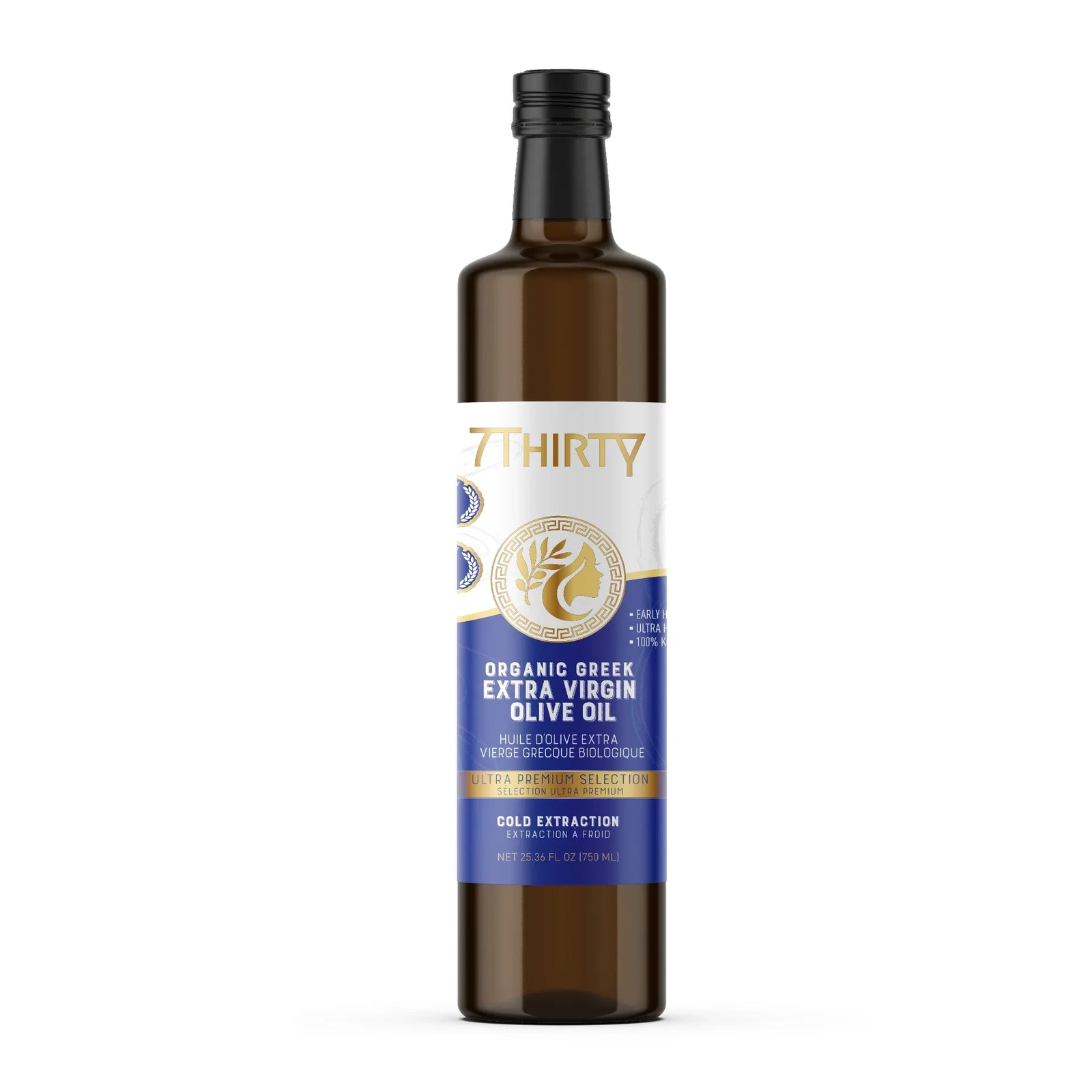 7Thirty High Phenolic Organic Greek Extra Virgin Olive Oil bottles with Silver Awards and organic certifications