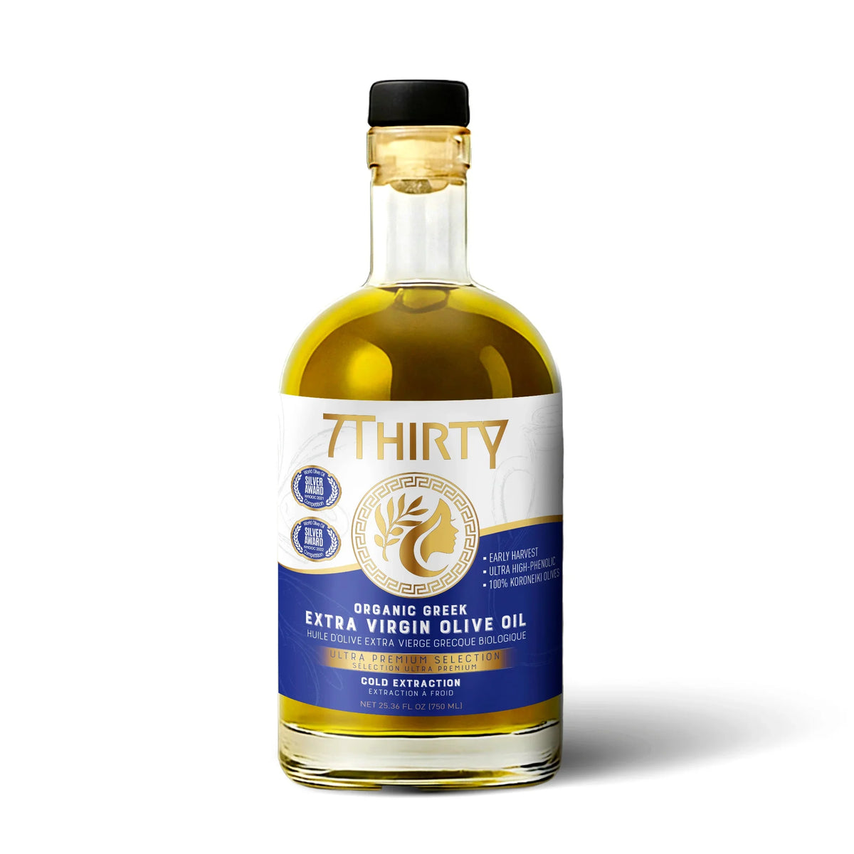 7Thirty High Phenolic Organic Greek Extra Virgin Olive Oil bottles with Silver Awards and organic certifications
