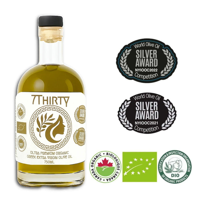 Bottle of Greek extra virgin olive oil with '7Thirty' branding and multiple awards on a white background