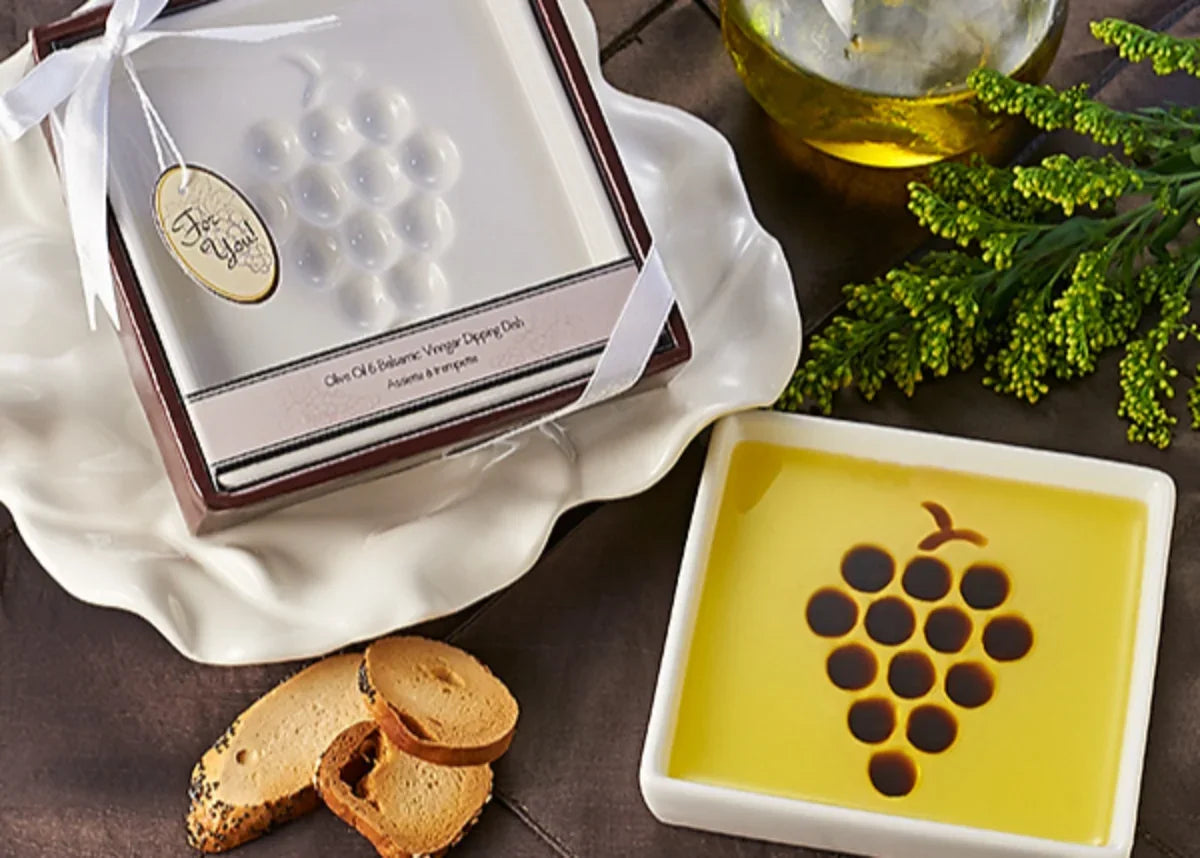 Vineyard Select porcelain dipping plate with olive oil and balsamic vinegar