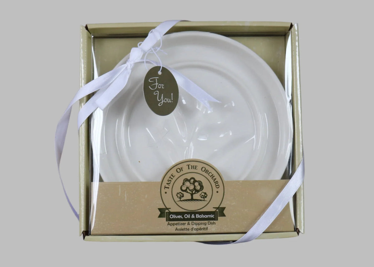 Taste of the Orchard olive oil and balsamic dipping plate in gift box
