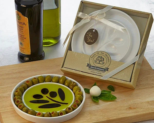 Taste of the Orchard dipping and appetizer plate with olives and olive oil