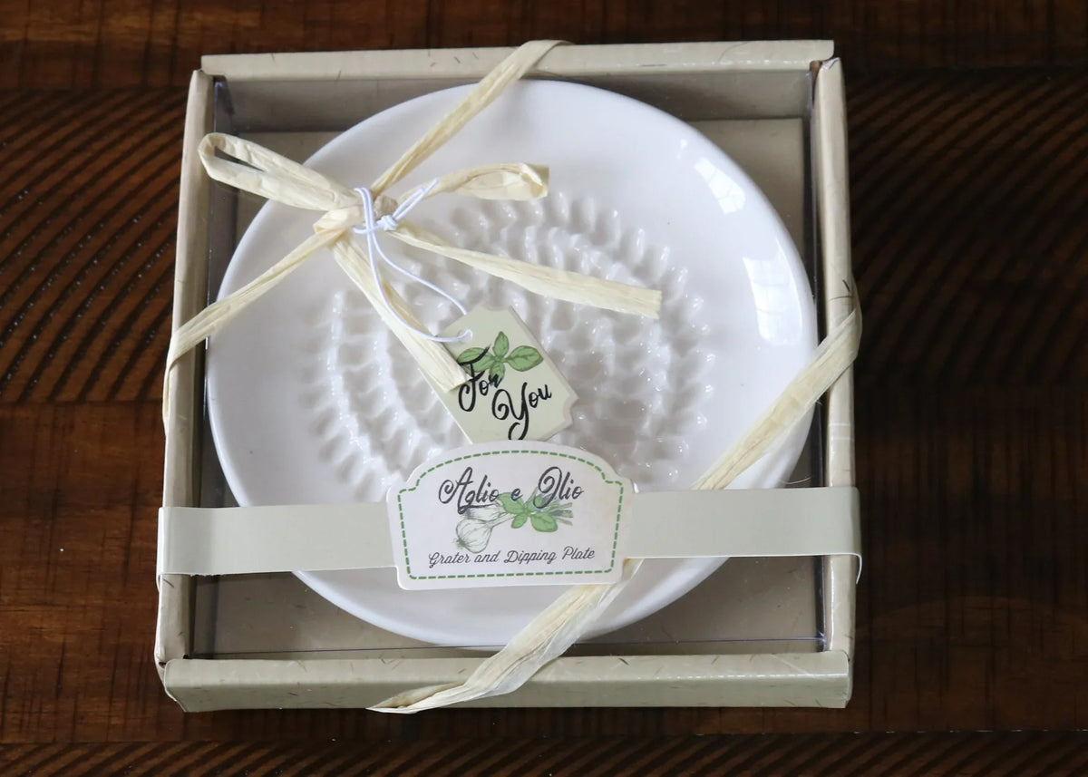 Aglio e Olio white porcelain garlic grater and dipping plate in gift box