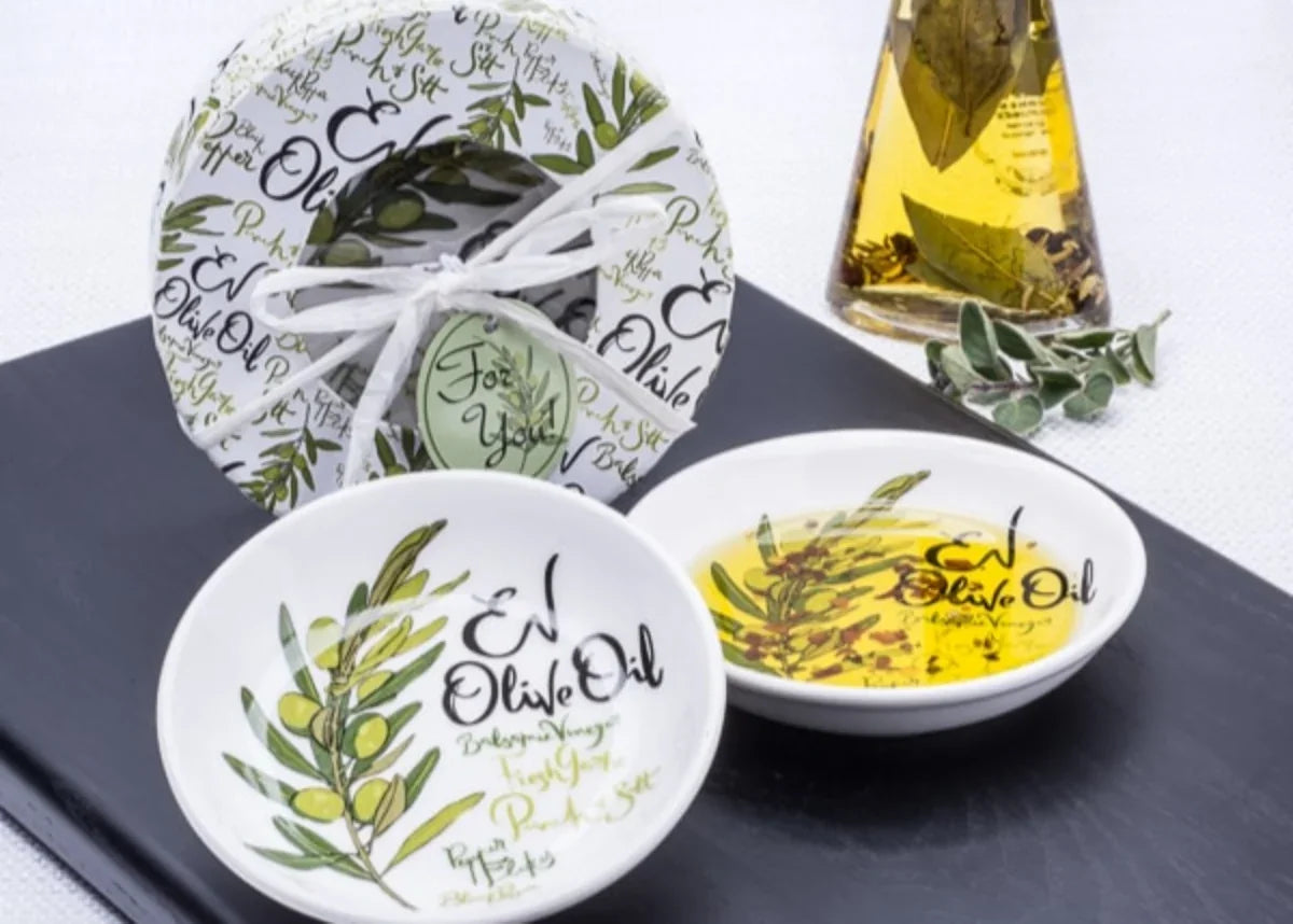 Porcelain EV olive oil dipping dishes with olive oil and herbs