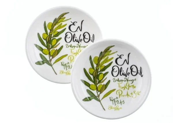 Porcelain EV olive oil dipping dishes with olive oil and herbs