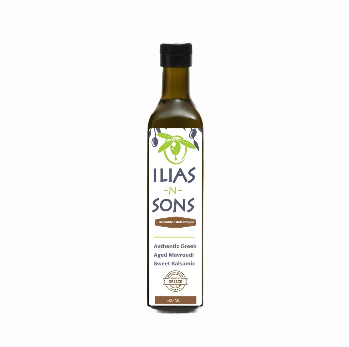 Bottle of Ilias and Sons Greek sweet balsamic vinegar on a white background