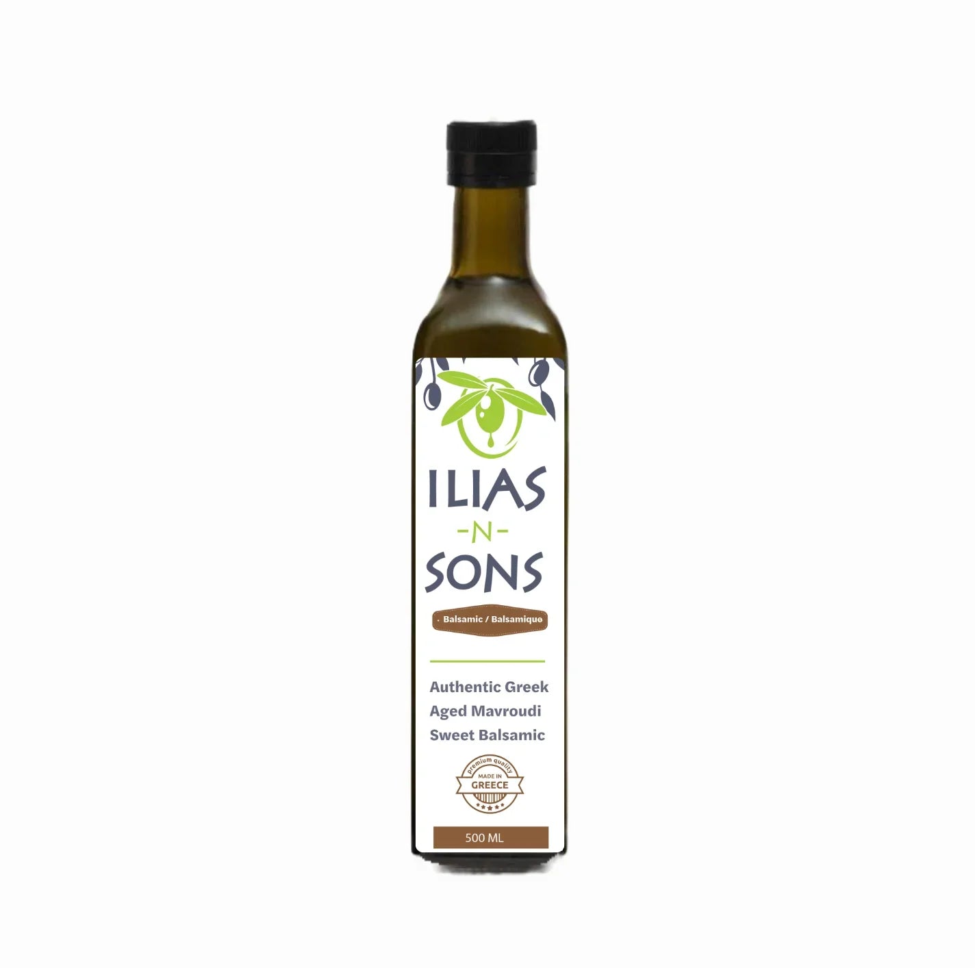 Bottle of Ilias and Sons Greek sweet balsamic vinegar on a white background