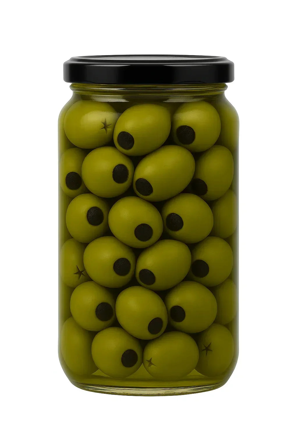 Jar of green olives stuffed with black garlic in olive oil with a black lid on a white background