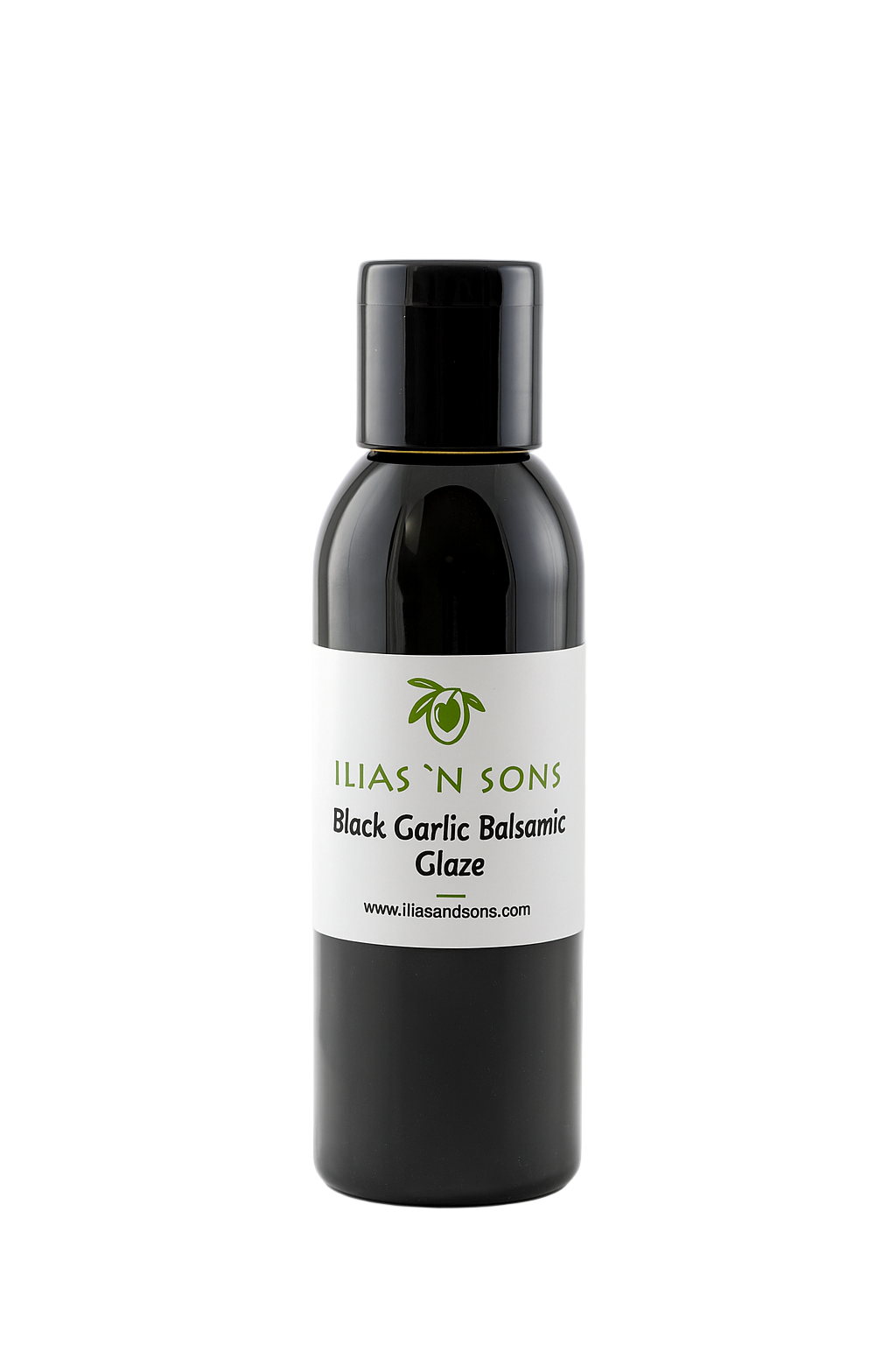 Bottle of Illias &#39;N Sons Black Garlic Balsamic Glaze on a white background