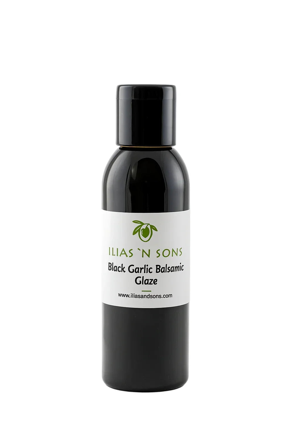 Bottle of Illias 'N Sons Black Garlic Balsamic Glaze on a white background