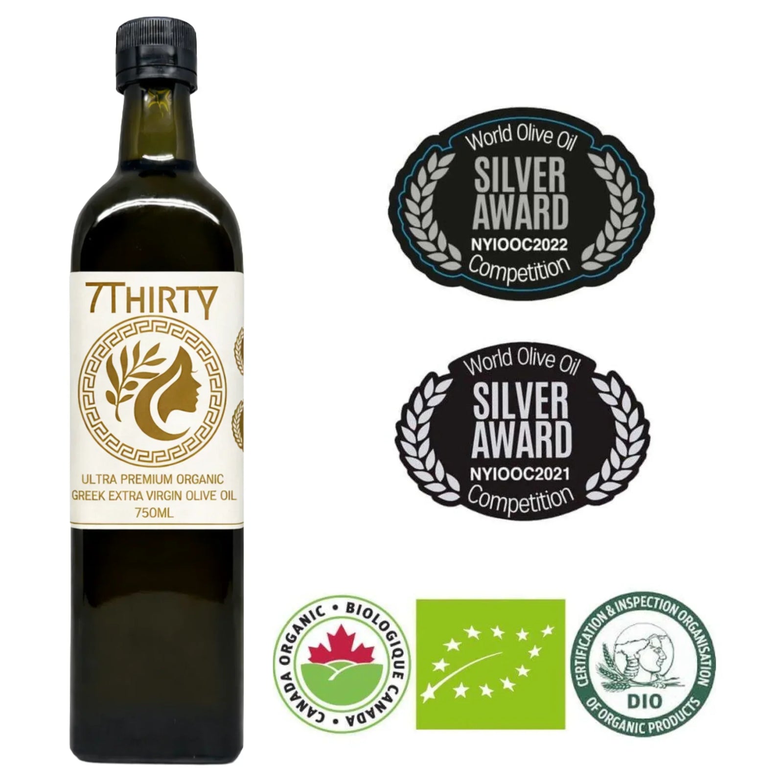 Bottle of Greek extra virgin olive oil with '7Thirty' branding and multiple awards on a white background