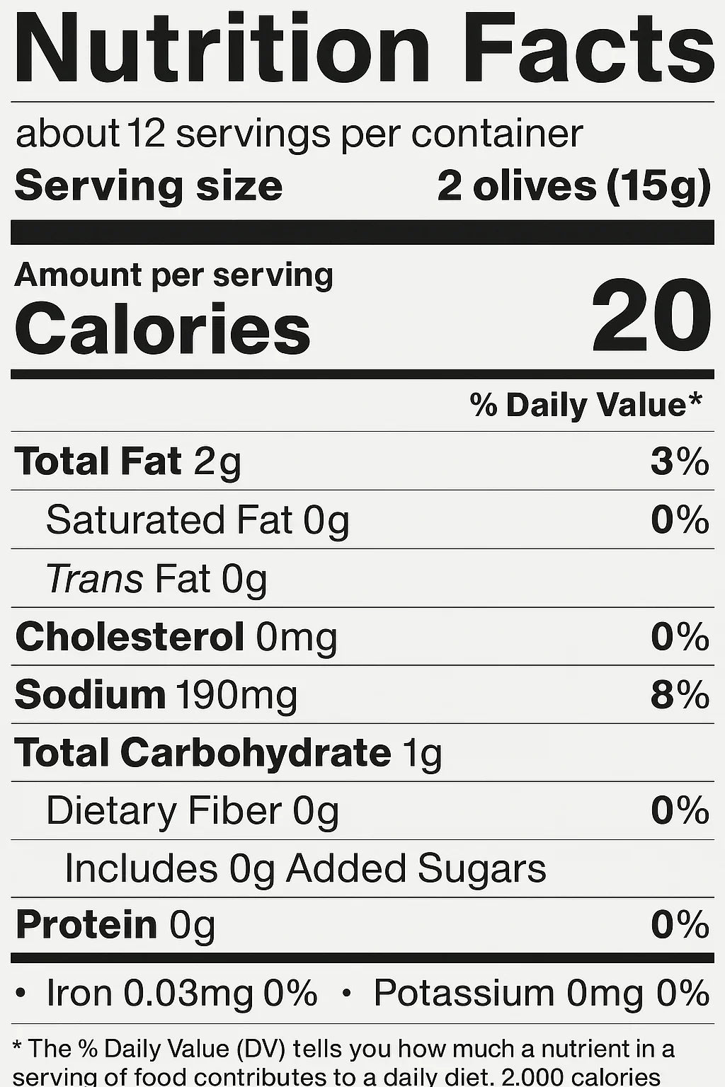 Nutrition facts label for olives with serving size and calorie information.