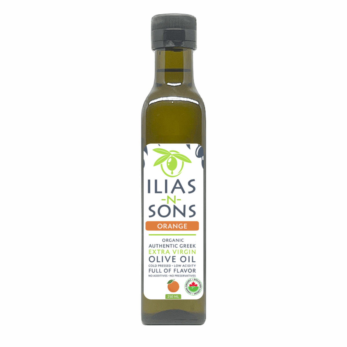Bottle of Ilias and Sons organic greek extra virgin olive oil infused with Orange on a white background