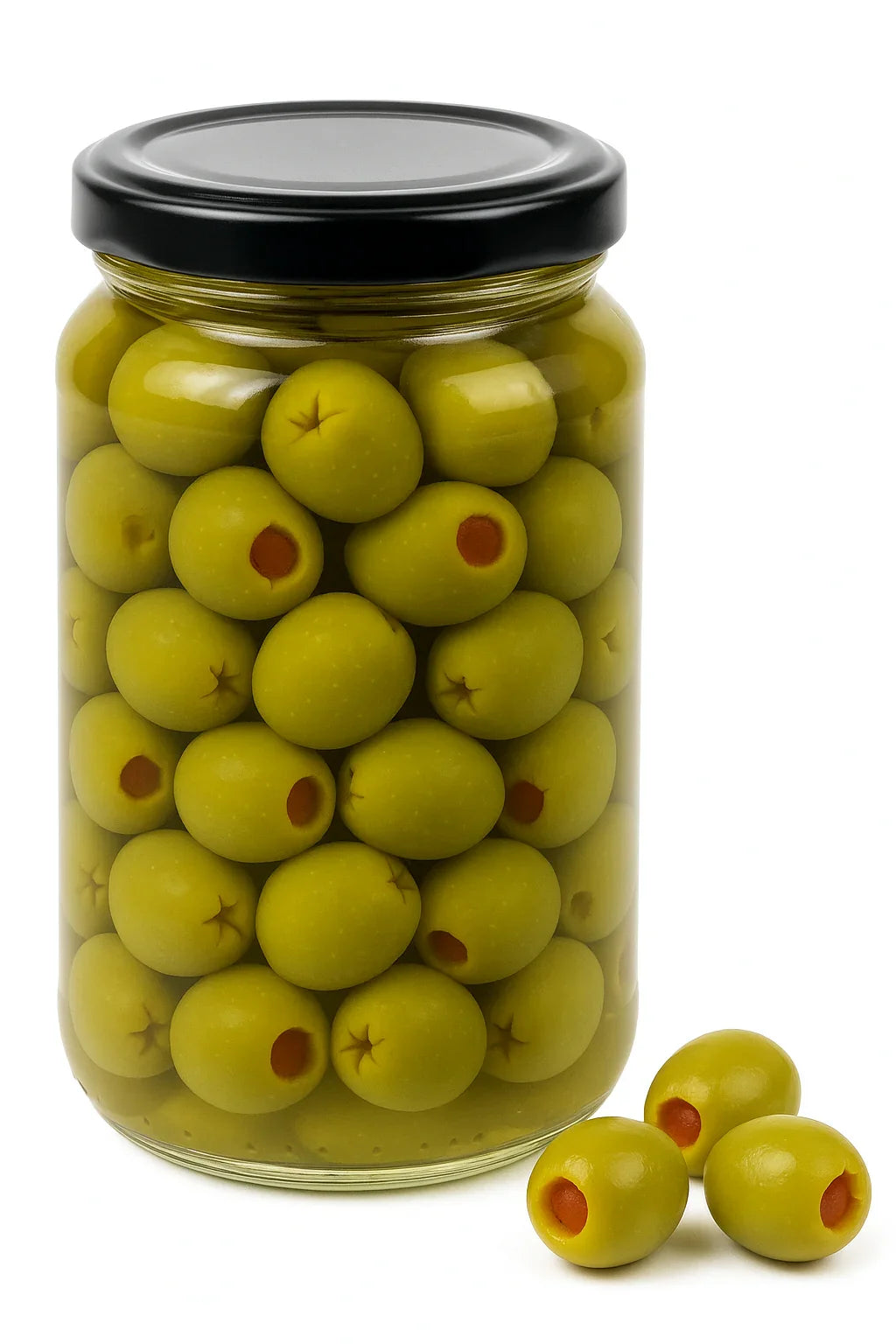 Jar of green Greek Pimento stuffed olives with a black lid on a white background