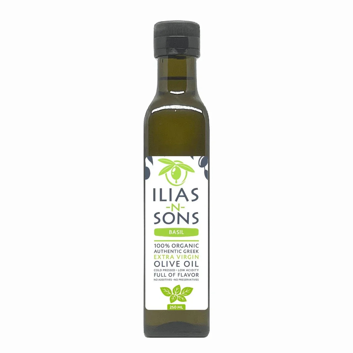 250ml bottle of basil flavored organic Greek extra virgin olive oil, white label