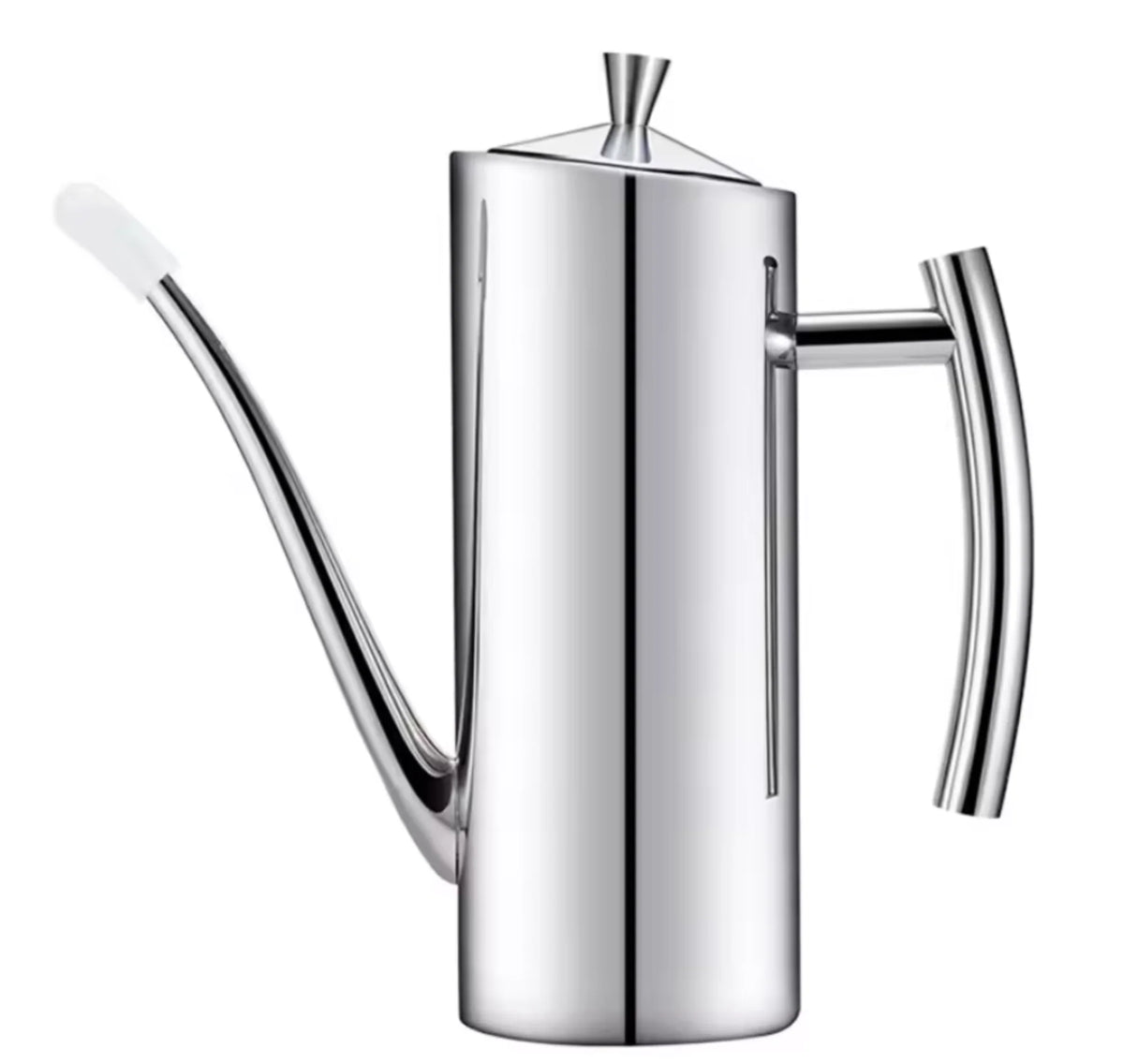 Stainless steel olive oil dispenser on a white background