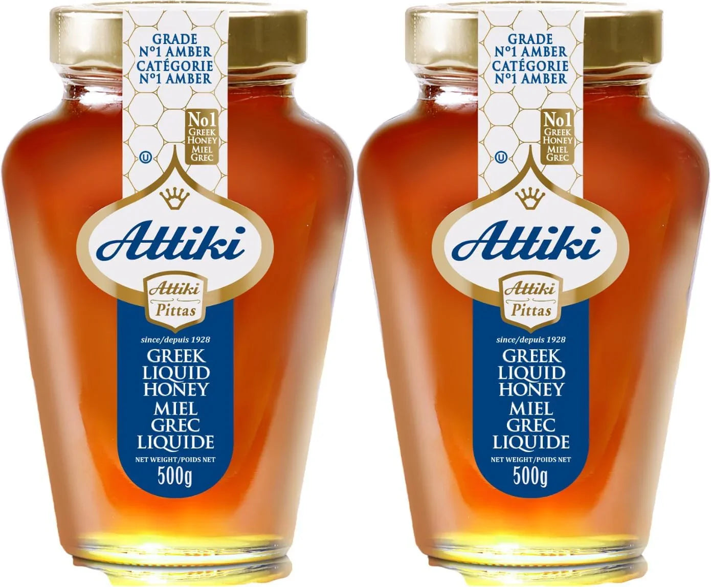 Bundle Two bottles of Attiki Greek Liquid Honey on a white background