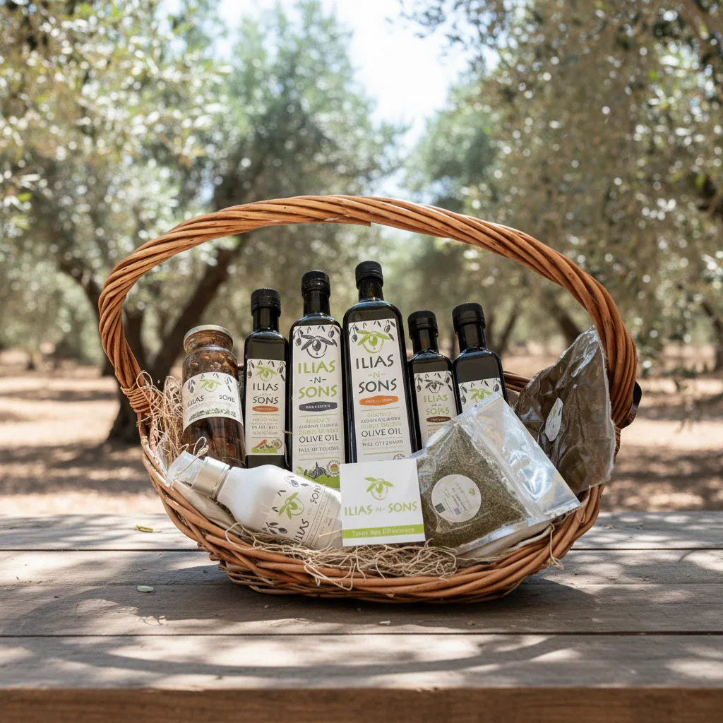 A Taste of Greece Baskets with Organic Greek Extra Virgin Olive Oil, Infused Black Garlic, Garlic, Greek Oregano, and Olives