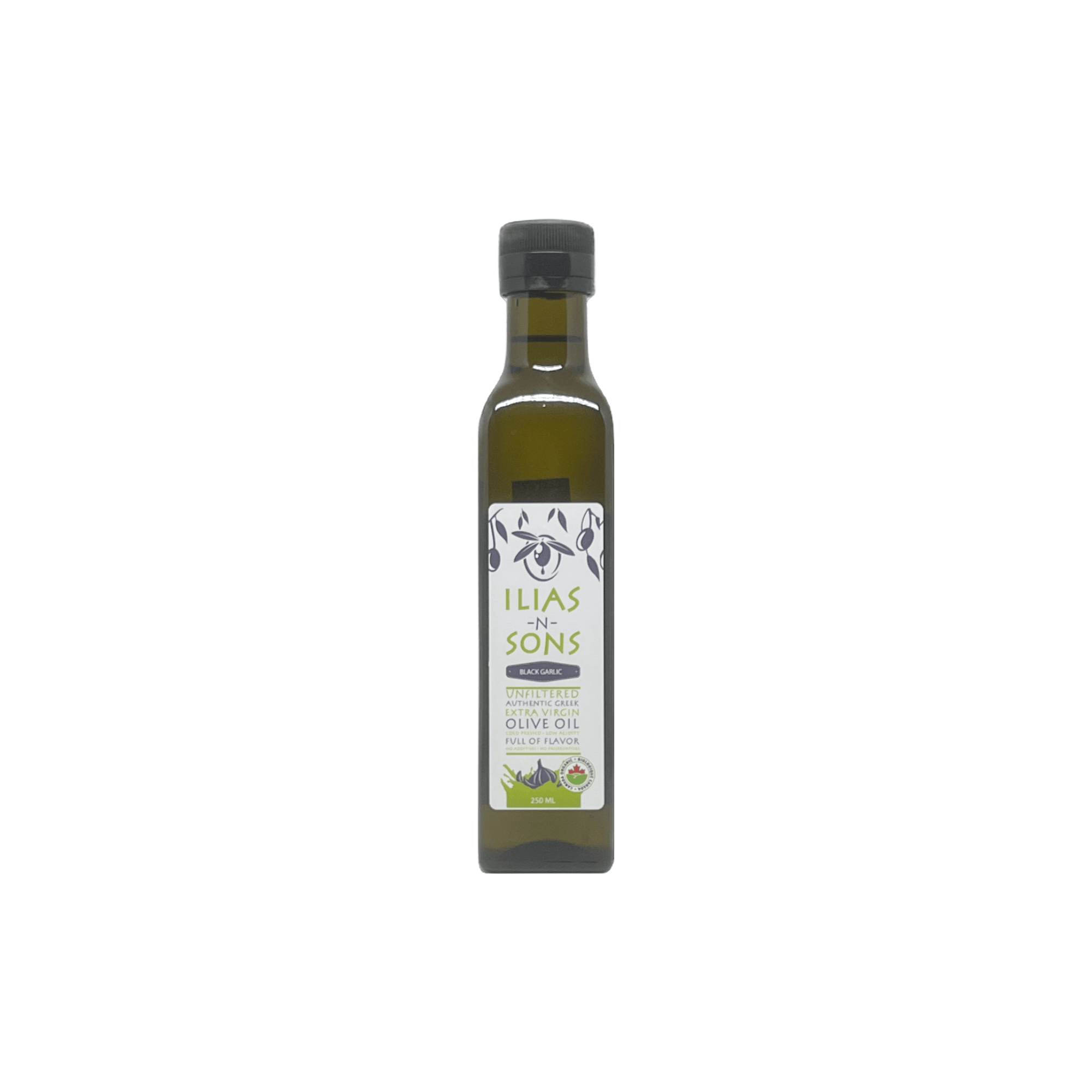 Gourmet Black Garlic Infused Organic Extra Virgin Olive Oil bottle displayed against a white backdrop