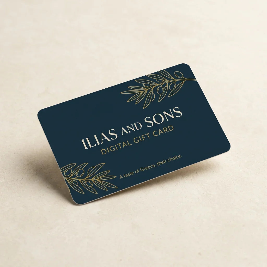 Ilias and Sons digital gift card in navy and gold with an olive branch design