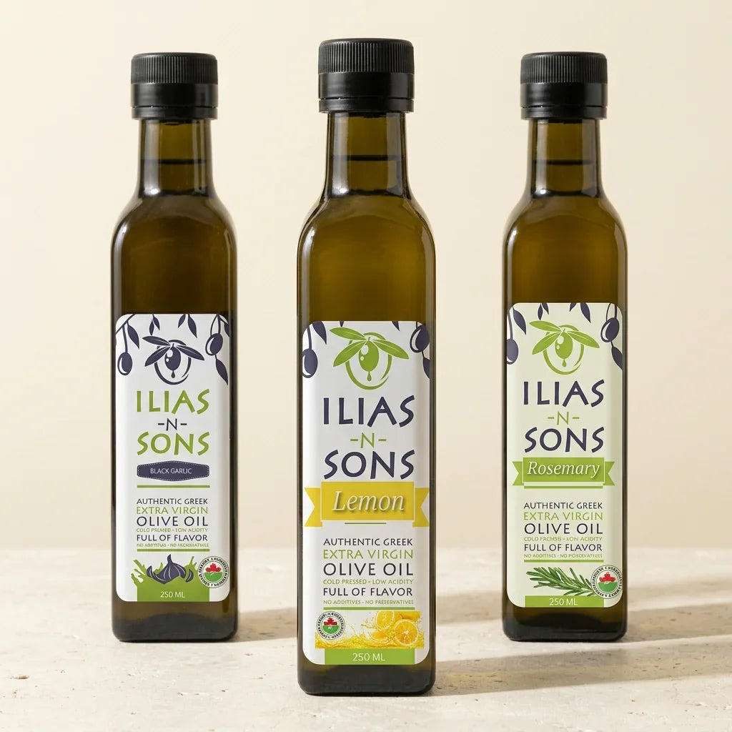 Infused EVOO Discovery Flight with black garlic, lemon and rosemary bottles