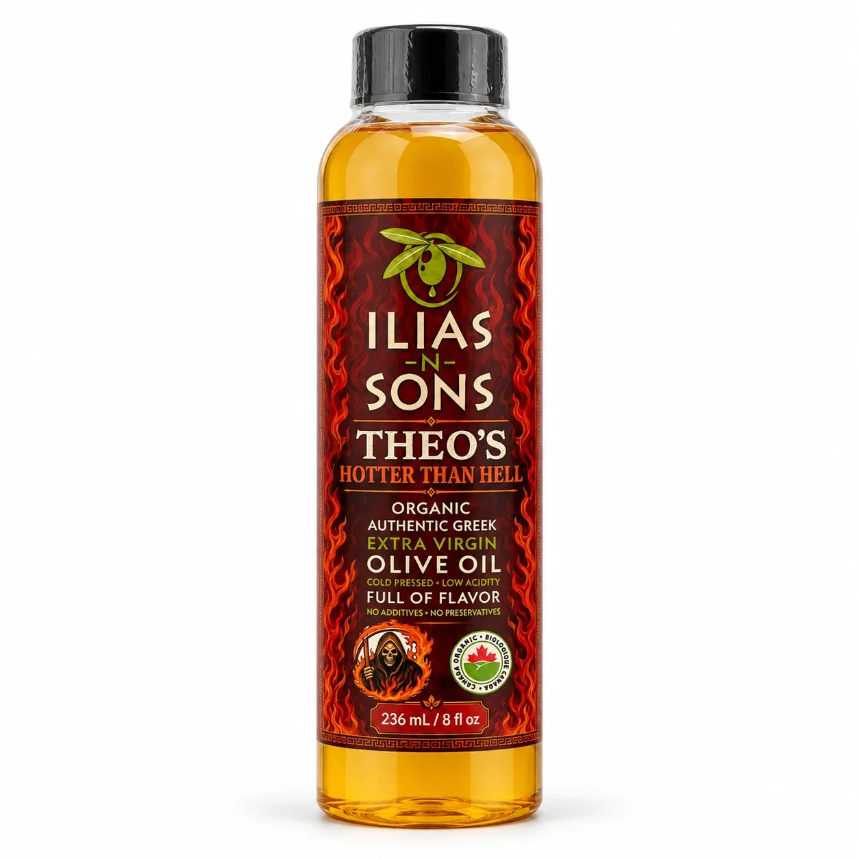 Theo's Hotter Than Hell Carolina Reaper infused organic Greek extra virgin olive oil, 8 oz bottle